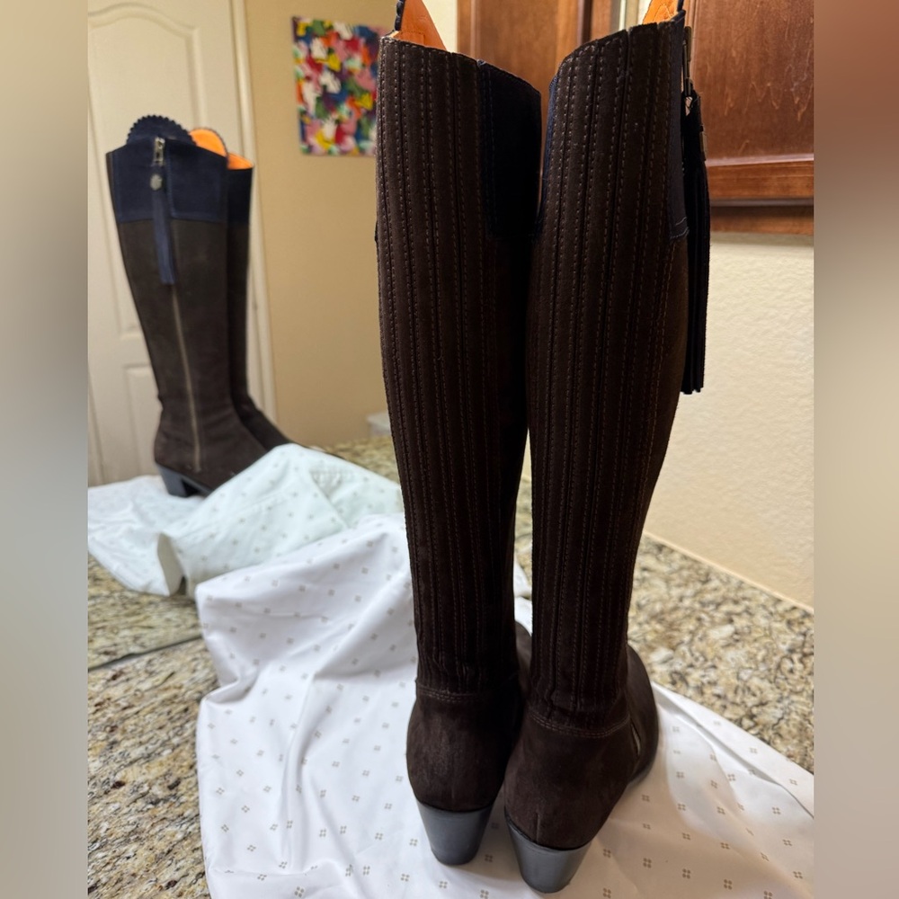 Fairfax and Favor Regina mid healed chocolate and navy blue suede boots Size 11 - Picture 6 of 10